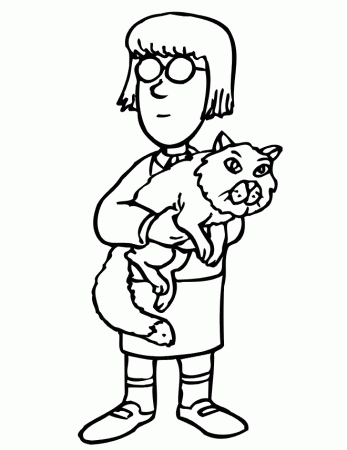Cat Coloring Page | A Girl Wearing Glasses Holding Her Cat