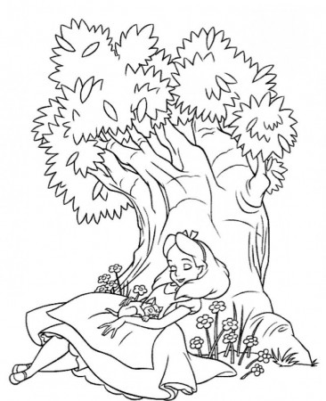 Alice In Wonderland Was Sitting Near The Tree Coloring Pages 