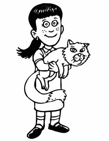 Cat Coloring Page | A Happy Girl Holding Her Cat