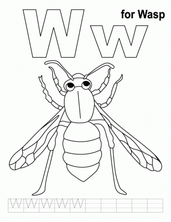 W for wasp coloring page with handwriting practice | Download Free 