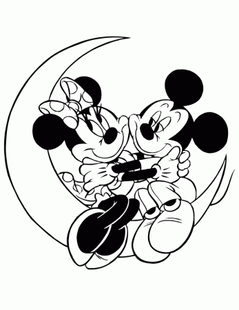 Mickey And Minnie Mouse Sitting On Moon Coloring Page | HM 
