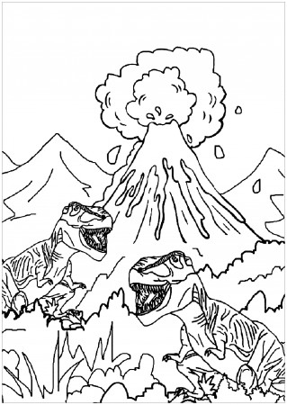 Dinosaurs to print for free : Dinosaurs and volcano - Dinosaurs Kids Coloring  Pages