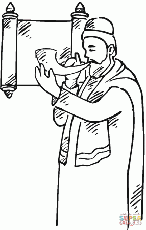 Man with a shofar near scroll coloring page | Free Printable ...