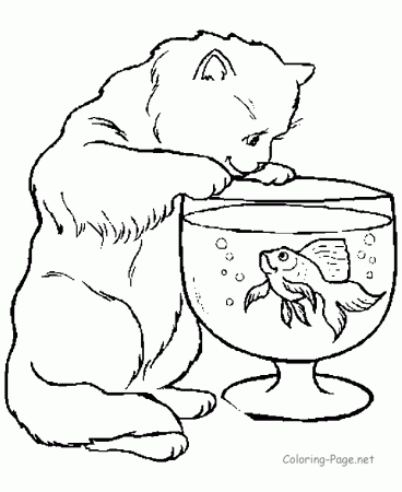 Free printable animal coloring pages - Cat and Fish Bowl