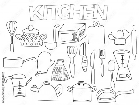 Kitchen utensils set of icons and objects. Hand drawn doodle cooking  supplies design concept. Black and white outline coloring page game.  Monochrome line art. Vector illustration. Stock Vector | Adobe Stock