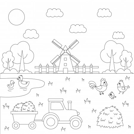 Premium Vector | Color farm landscape with cute animals. educational coloring  page for kids.