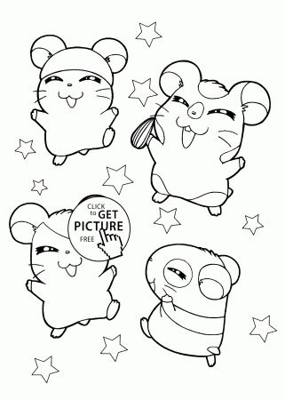 Hamster Hamtaro anime coloring pages for kids, printable free