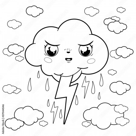Stormy cloud character in the sky with rain and thunder. Vector black and  white coloring page Stock Vector | Adobe Stock