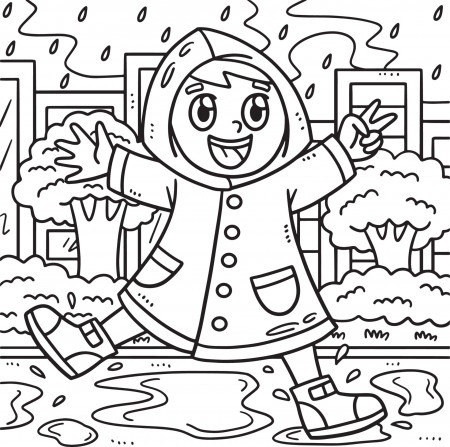 Spring Boy Playing Under The Rain Coloring Page 15529354 Vector Art at  Vecteezy
