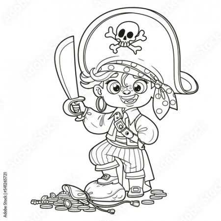 Cute cartoon pirate boy with saber and treasure trophies outlined for coloring  page on white background Stock Vector | Adobe Stock