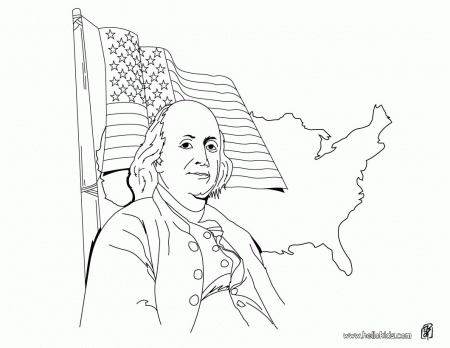 4th of JULY coloring pages - Benjamin Franklin and US flag