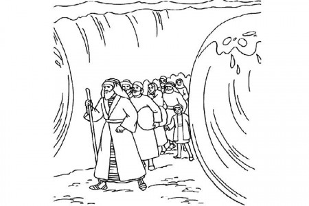 The coloring sheet shows Moses parting the Red sea, when the ...