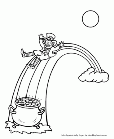 St Patrick's Day Coloring Pages - Leprechaun on rainbow w/ pot-of ...