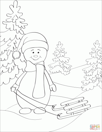 Snowman with Sled coloring page | Free Printable Coloring Pages