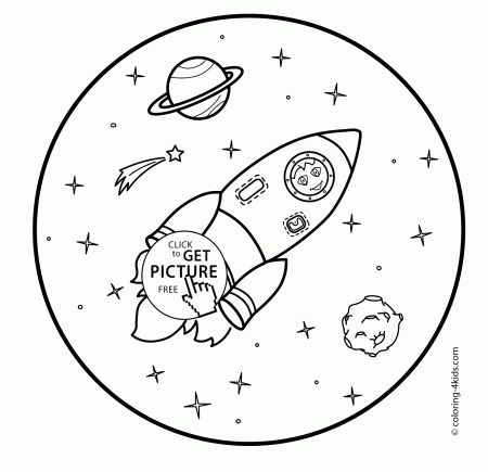 Space coloring pages with rocket for kids with cat, printable free