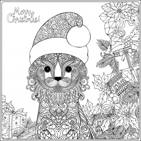 Christmas cat with gifts - Christmas Adult Coloring Pages
