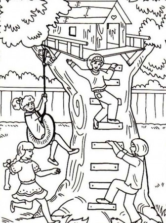 Four Girl Having Fun with Their Treehouse Coloring Page | Color Luna
