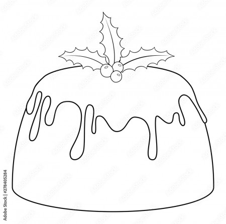 Christmas pudding with christmas holly clipart. Vector outline  illustration. Coloring book for children. Stock Vector | Adobe Stock