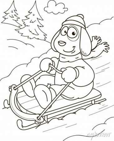 Coloring page outline of cartoon smiling cute dog sledding. colorful  posters for the wall • posters zoo, young, wild | myloview.com