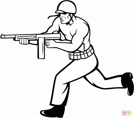 Soldier Running with Tommy Gun coloring page | Free Printable Coloring Pages