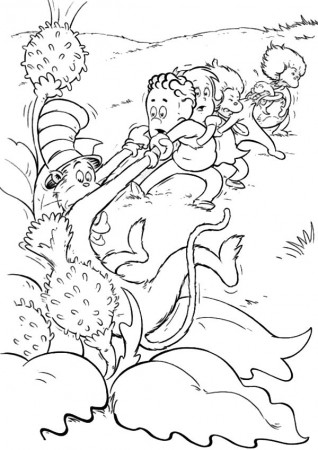 The cat in the hat, Sally, Nick, Thing 1 and Thing 2 coloring page