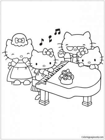Hello Kitty Playing Piano With Family Coloring Page - Free ...