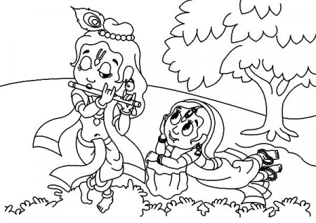 Radha Watching Krishna Play Her A Song With Flute Coloring Pages ...