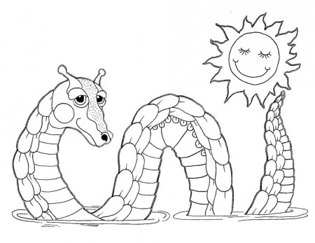 Sea monster coloring book with sun to print and online