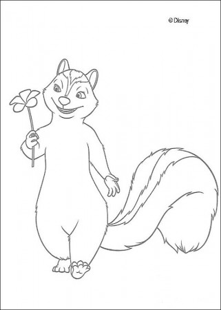 Over the Hedge coloring book pages - Stella the skunk with a flower