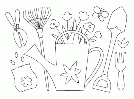 Premium Vector | Vector black and white illustration of colorful garden  tools with flowers and plants outline spring picture line watering can with  flowers rakes seeds butterfly gardening themed conceptxa
