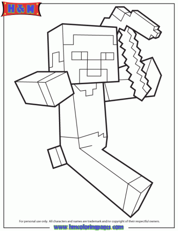 Steve Running Holding Pickaxe Coloring Page | H & M Coloring Pages