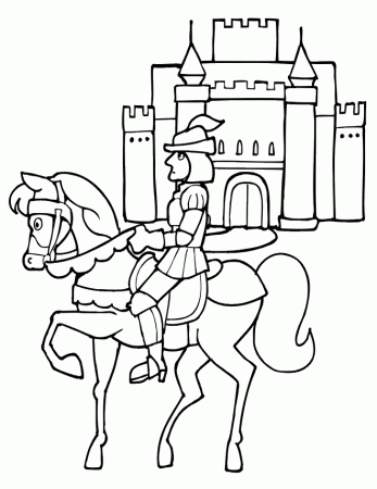 knight and horse coloring page in front of castle