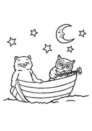 Printing Cat And Owl In The Boat Coloring Pages | Laptopezine.