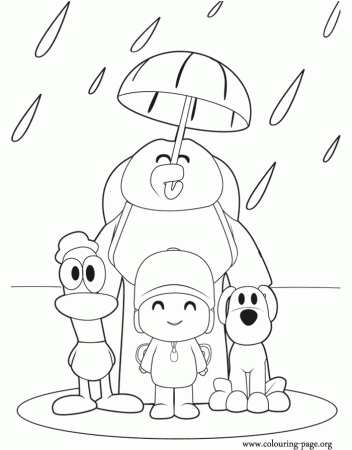 Pocoyo - Pocoyo and his friends in the rain coloring page