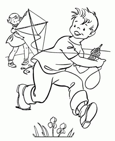 Spring Coloring Pages - Kids Spring Flying a Kyte Coloring Page ...
