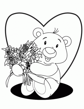 Valentine's Bear with Flowers - Free Printable Coloring Pages