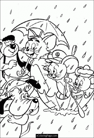 Tom and Jerry in the Rain with a Bear and Droopy Dog Coloring Page 