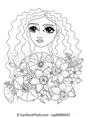 Portrait young beautiful woman with the long hair and flower coloring page.  black line art element for adult coloring book | CanStock