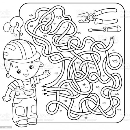 Maze Or Labyrinth Game For Preschool Children Puzzle Tangled Road Matching  Game Coloring Page Outline Of Cartoon Worker With Tools Coloring Book For  Kids Stock Illustration - Download Image Now - iStock