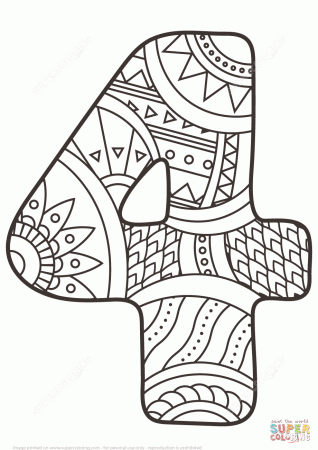 Number 4 Zentangle coloring page | Free Printable Coloring Pages