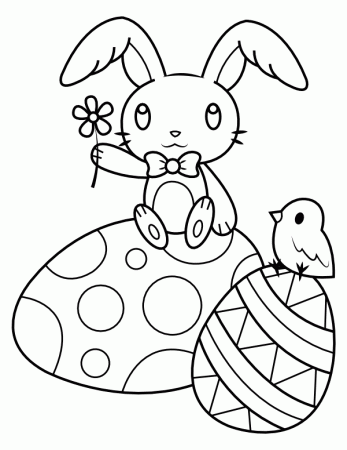 Printable Easter Bunny With Baby Chick and Easter Eggs Coloring Page