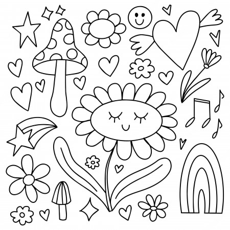 Premium Vector | Y2k doodle clip art elements set black outline design  elements smiling daisy flower hearts