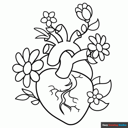 Anatomical Heart with Flowers Coloring Page | Easy Drawing Guides