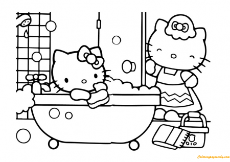 Mom And Hello Kitty In The Bathroom Coloring Page - Free Coloring Pages  Online