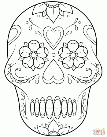 Sugar Skull with flowers and hearts coloring page | Free Printable ...