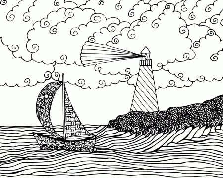 FREE Lighthouse and Sailboat Seascape Adult Coloring Page