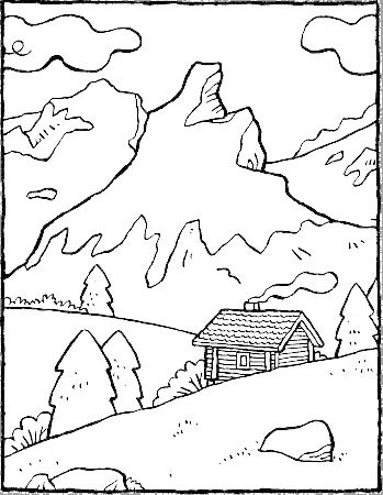 Printable Small House on the Hill coloring page for both aldults and kids.