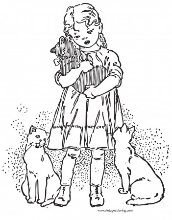 Girl and Favorite Kitten - A Free Vintage Coloring Page