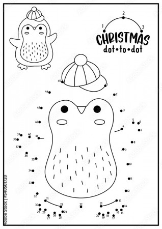 Vector Christmas dot-to-dot and color activity with cute kawaii penguin.  Winter holiday connect the dots game for children with funny animal. New  Year coloring page for kids. Printable worksheet. Stock Vector |