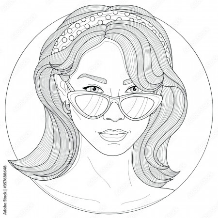 Beautiful girl with glasses, earrings and a hair band.Coloring book  antistress for children and adults. Illustration isolated on white  background.Black and white drawing.Zen-tangle style. Stock Vector | Adobe  Stock